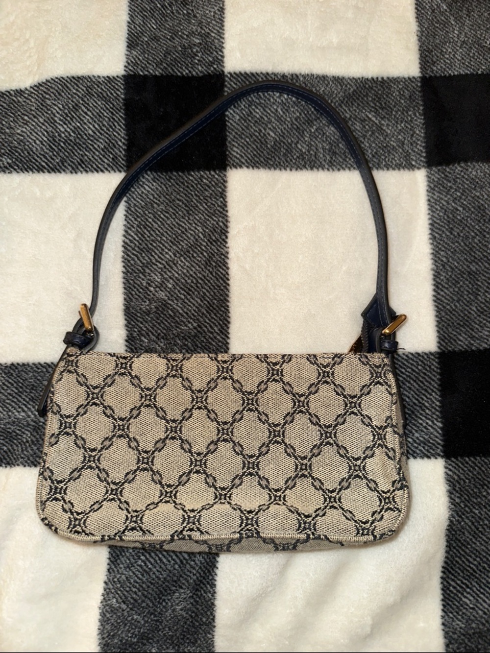 Mango Beige Jacquard Shoulder Bag with Black Strap and Gold Hardware